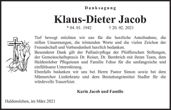 Traueranzeige von Klaus-Dieter Jacob  von Magdeburger Volksstimme