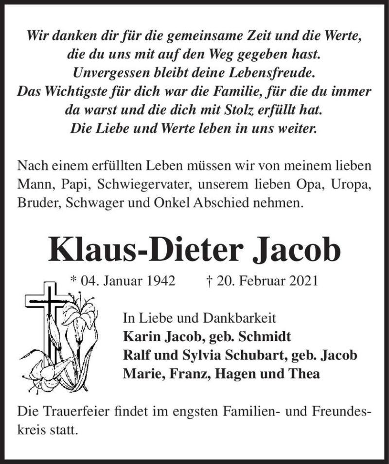 Traueranzeige für Klaus-Dieter Jacob  vom 24.02.2021 aus Magdeburger Volksstimme