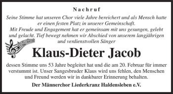 Traueranzeige von Klaus-Dieter Jacob  von Magdeburger Volksstimme