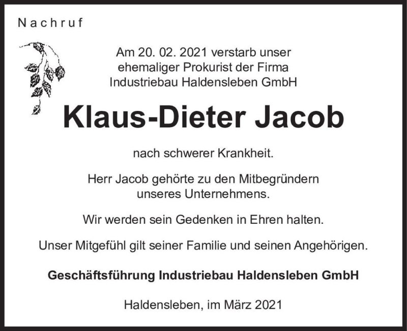  Traueranzeige für Klaus-Dieter Jacob  vom 17.03.2021 aus Magdeburger Volksstimme