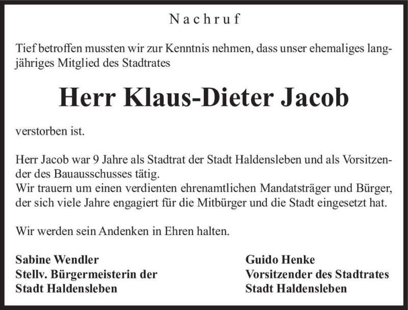  Traueranzeige für Klaus-Dieter Jacob  vom 06.03.2021 aus Magdeburger Volksstimme
