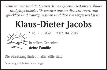 Traueranzeige von Klaus-Dieter Jacobs  von Magdeburger Volksstimme
