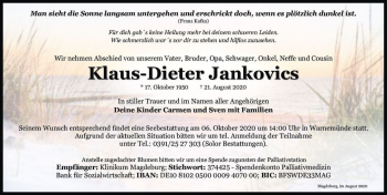 Traueranzeige von Klaus-Dieter Jankovics  von Magdeburger Volksstimme