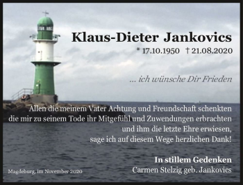 Traueranzeige von Klaus-Dieter Jankovics  von Magdeburger Volksstimme