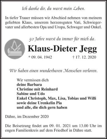 Traueranzeige von Klaus-Dieter Jegg  von Magdeburger Volksstimme