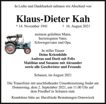 Traueranzeige von Klaus-Dieter Kah  von Magdeburger Volksstimme