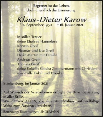 Traueranzeige von Klaus-Dieter Karow  von Magdeburger Volksstimme