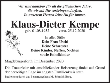 Traueranzeige von Klaus-Dieter Kempe  von Magdeburger Volksstimme