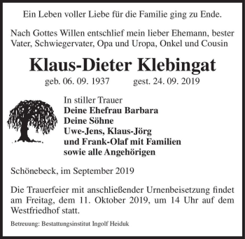 Traueranzeige von Klaus-Dieter Klebingat  von Magdeburger Volksstimme