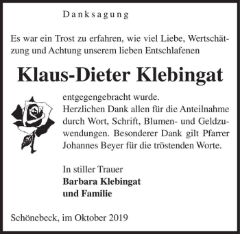 Traueranzeige von Klaus-Dieter Klebingat  von Magdeburger Volksstimme