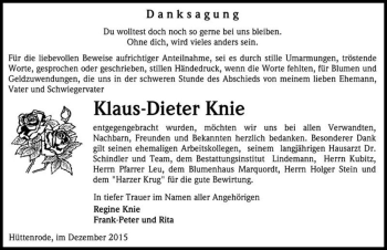Traueranzeige von Klaus-Dieter Knie  von Magdeburger Volksstimme