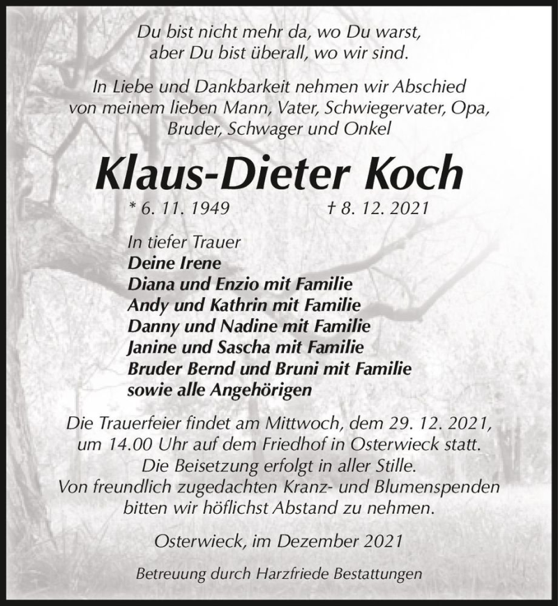  Traueranzeige für Klaus-Dieter Koch  vom 18.12.2021 aus Magdeburger Volksstimme