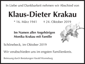 Traueranzeige von Klaus-Dieter Krakau  von Magdeburger Volksstimme