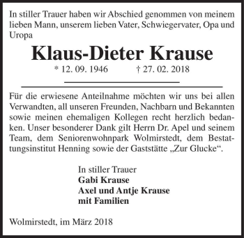 Traueranzeige von Klaus-Dieter Krause  von Magdeburger Volksstimme