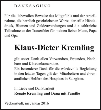 Traueranzeige von Klaus-Dieter Kremling  von Magdeburger Volksstimme