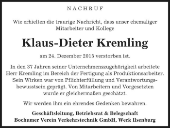 Traueranzeige von Klaus-Dieter Kremling  von Magdeburger Volksstimme