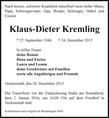 Traueranzeige von Klaus-Dieter Kremling  von Magdeburger Volksstimme