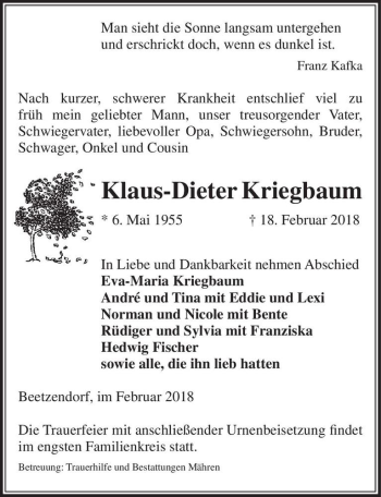 Traueranzeige von Klaus-Dieter Kriegbaum  von Magdeburger Volksstimme