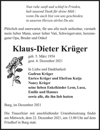 Traueranzeige von Klaus-Dieter Krüger  von Magdeburger Volksstimme