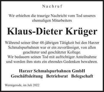 Traueranzeige von Klaus-Dieter Krüger  von Magdeburger Volksstimme