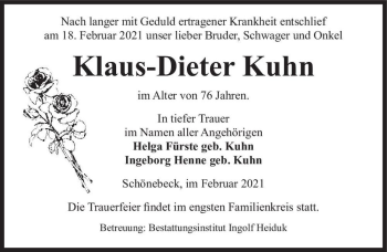 Traueranzeige von Klaus-Dieter Kuhn  von Magdeburger Volksstimme