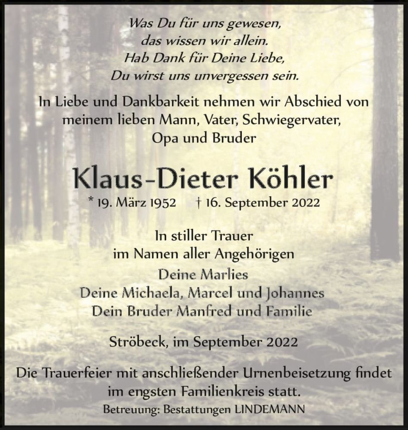  Traueranzeige für Klaus-Dieter Köhler  vom 24.09.2022 aus Magdeburger Volksstimme