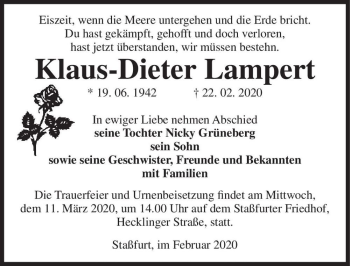 Traueranzeige von Klaus-Dieter Lampert  von Magdeburger Volksstimme