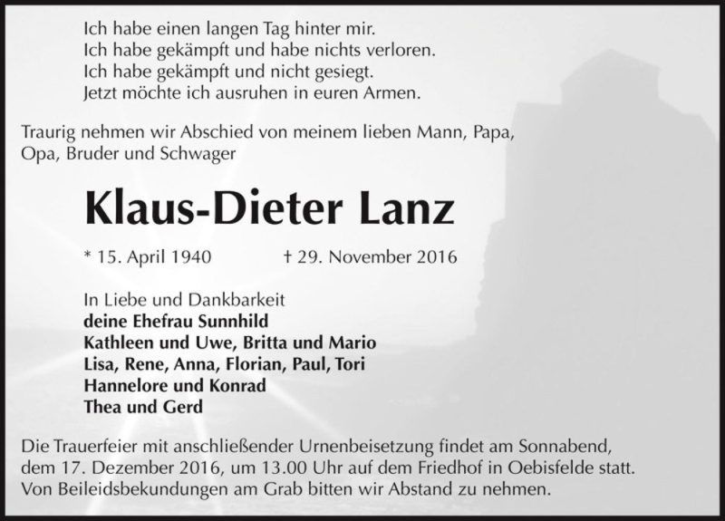  Traueranzeige für Klaus-Dieter Lanz  vom 03.12.2016 aus Magdeburger Volksstimme