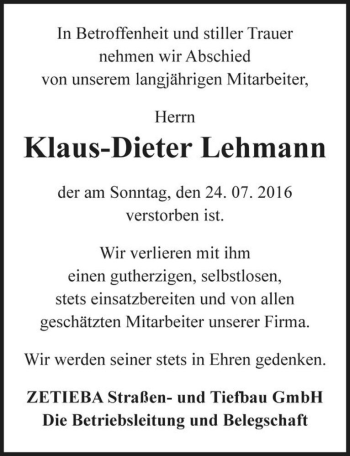 Traueranzeige von Klaus-Dieter Lehmann  von Magdeburger Volksstimme