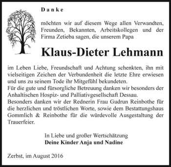 Traueranzeige von Klaus-Dieter Lehmann  von Magdeburger Volksstimme