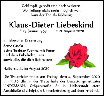 Traueranzeige von Klaus-Dieter Liebeskind  von Magdeburger Volksstimme