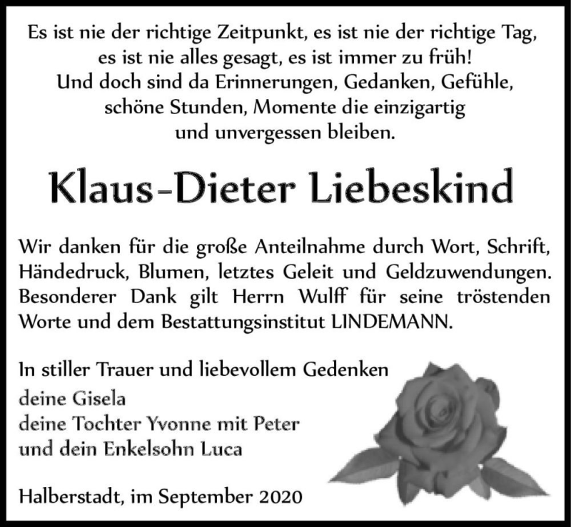  Traueranzeige für Klaus-Dieter Liebeskind  vom 19.09.2020 aus Magdeburger Volksstimme