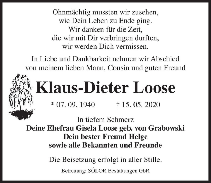  Traueranzeige für Klaus-Dieter Loose  vom 23.05.2020 aus Magdeburger Volksstimme