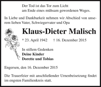 Traueranzeige von Klaus-Dieter Malisch  von Magdeburger Volksstimme