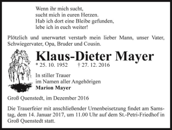 Traueranzeige von Klaus-Dieter Mayer  von Magdeburger Volksstimme