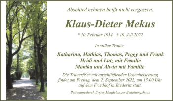 Traueranzeige von Klaus-Dieter Mekus  von Magdeburger Volksstimme