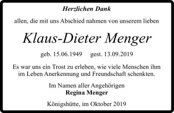 Traueranzeige von Klaus-Dieter Menger  von Magdeburger Volksstimme