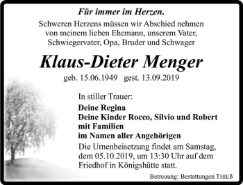 Traueranzeige von Klaus-Dieter Menger  von Magdeburger Volksstimme