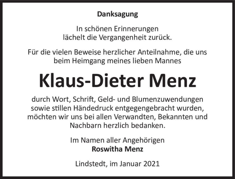  Traueranzeige für Klaus-Dieter Menz  vom 23.01.2021 aus Magdeburger Volksstimme