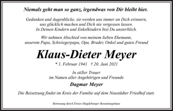 Traueranzeige von Klaus-Dieter Meyer  von Magdeburger Volksstimme