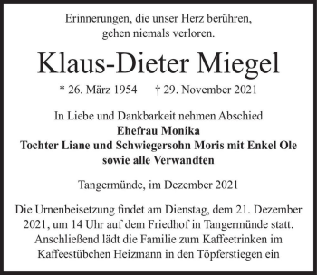 Traueranzeige von Klaus-Dieter Miegel  von Magdeburger Volksstimme