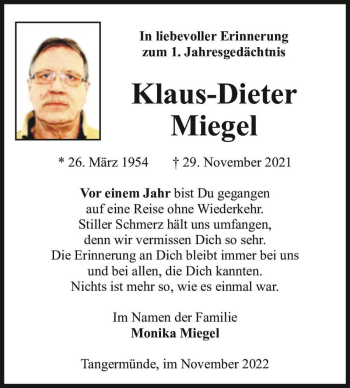 Traueranzeige von Klaus-Dieter Miegel  von Magdeburger Volksstimme