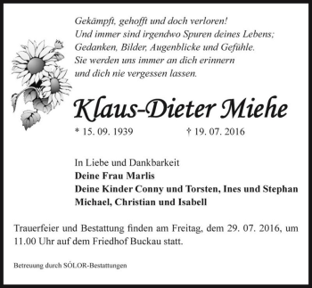 Traueranzeige von Klaus-Dieter Miehe  von Magdeburger Volksstimme