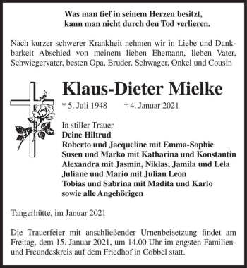 Traueranzeige von Klaus-Dieter Mielke  von Magdeburger Volksstimme