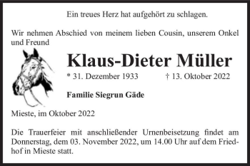 Traueranzeige von Klaus-Dieter Müller  von Magdeburger Volksstimme