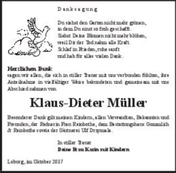 Traueranzeige von Klaus-Dieter Müller  von Magdeburger Volksstimme