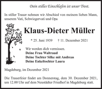 Traueranzeige von Klaus-Dieter Müller  von Magdeburger Volksstimme