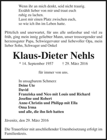Traueranzeige von Klaus-Dieter Nehls  von Magdeburger Volksstimme