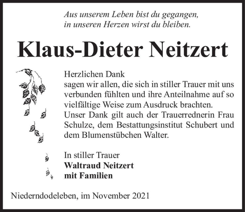  Traueranzeige für Klaus-Dieter Neitzert  vom 27.11.2021 aus Magdeburger Volksstimme