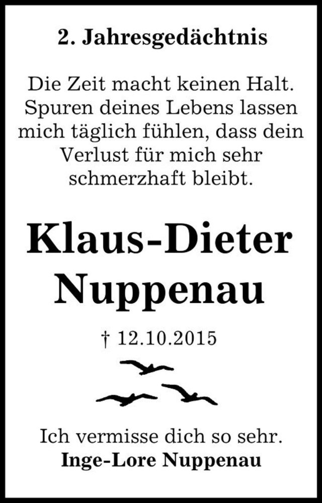  Traueranzeige für Klaus-Dieter Nuppenau  vom 12.10.2017 aus Magdeburger Volksstimme